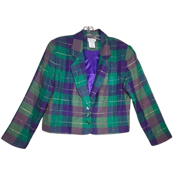 Vtg 90s Cropped Blazer Women Jr Sz 13/14 Plaid Tweed Academia Y2K Clueless Retro - Picture 1 of 16